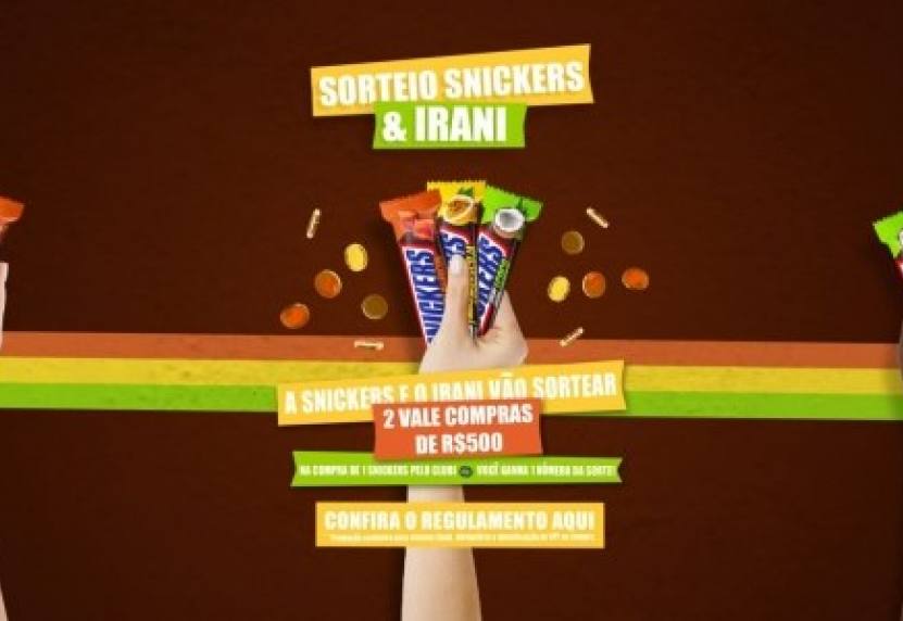A Snickers e o Irani vão sortear 2 vales-compra no valor de 500