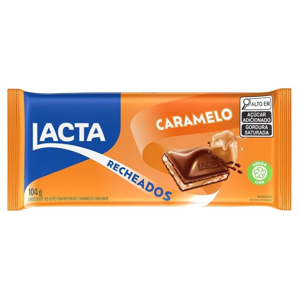 Logo Barra de Chocolate ao Leite Recheio Caramelo Lacta Recheados 104g	
